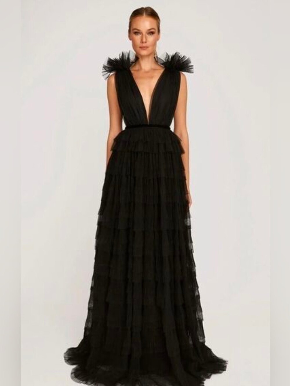 XS/0 SAU LEE Black Tulle Deep-V Ruffle Gown